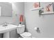 Stylish half-bath with pedestal sink, modern decor and gray walls at 4695 Bobolink Dr, Castle Rock, CO 80109