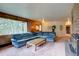 Spacious living room with large windows and plush blue sectional at 28858 Richmond Hill Rd, Conifer, CO 80433