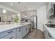 Modern kitchen features gray cabinets, stainless appliances, quartz countertops and open concept living at 9750 Taylor River Cir, Littleton, CO 80125