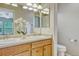 Bright bathroom with double sinks, oak cabinets, and a large mirror at 17225 Lark Water Ln # C, Parker, CO 80134