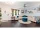Cozy living room with dark hardwood floors, neutral sectional and bright accents against light blue walls at 9620 W Chatfield Ave # D, Littleton, CO 80128