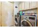 Practical laundry room featuring modern washer, dryer, storage cabinets, and exterior access door at 1294 Kittery St, Castle Rock, CO 80104