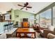 Cozy living space with a modern ceiling fan, large windows and an adjacent kitchen area at 19690 E Mann Creek Dr # A, Parker, CO 80134