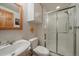 Bright bathroom featuring a glass-enclosed shower, white vanity, and wood-trimmed mirror at 6637 Berry Bush Ln, Evergreen, CO 80439