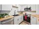 Modern kitchen featuring stainless steel appliances, white cabinets, and butcher block countertops at 9700 E Iliff Ave # A3, Denver, CO 80231