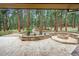 Outdoor living space with pines, and a stone patio with a built-in fire pit, and a pathway leading to the surrounding landscape at 6723 Perry Park Blvd, Larkspur, CO 80118