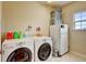 Functional laundry room equipped with a washer, dryer, and additional storage space at 1864 Malibu Ct, Fort Lupton, CO 80621