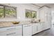 Modern kitchen featuring white cabinetry, granite countertops, stainless steel appliances, and windows with views of trees at 8045 S Wagon Wheel Rd, Morrison, CO 80465