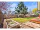 Fenced backyard with a large tree, garden beds, and a small outdoor shed at 21 Snowmass Pl, Longmont, CO 80504