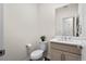 Modern powder room featuring a vanity with storage, an oval sink, and a toilet at 5861 Tesoro Pt, Parker, CO 80134