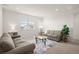 Comfortable living room with two sofas, a glass coffee table, a blue patterned rug, and a view from a sunny window at 5861 Tesoro Pt, Parker, CO 80134