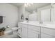 Bathroom featuring a double vanity, a toilet and a shower curtain at 8358 Howell St # B, Arvada, CO 80005