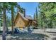 Exterior of cozy cabin featuring a patio with chairs and grill amidst tall trees at 29 Gregory Cir, Breckenridge, CO 80424