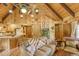 Open living space featuring vaulted wood ceilings, rustic decor, and a breakfast bar at 29 Gregory Cir, Breckenridge, CO 80424