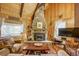 Cozy living room with a stone fireplace, wood paneling, and comfortable seating at 29 Gregory Cir, Breckenridge, CO 80424