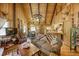 Inviting living area featuring vaulted wood ceilings, a wagon wheel chandelier, and comfortable furniture at 29 Gregory Cir, Breckenridge, CO 80424