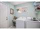 Well-organized laundry room with modern washer and dryer, storage shelves, and a window for natural light at 6039 S Ukraine Cir, Aurora, CO 80015