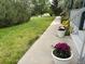 Landscaped walkway featuring manicured lawn and decorative potted flowers at 935 Green Gables Cir, Bennett, CO 80102