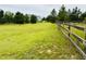 View of a large grass yard with fencing and a home surrounded by mature trees at 935 Green Gables Cir, Bennett, CO 80102