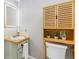 Well-lit bathroom with a modern mirror, sink, vanity, and convenient toilet with storage cabinet at 159 Judson St, Longmont, CO 80501