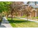 A tree lined street with sidewalks and well manicured lawns in front of the houses at 3386 Valentia St, Denver, CO 80238