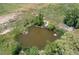 Aerial shot of a calm pond with lush vegetation around the perimeter and small dock at 39633 E 160Th Ave, Keenesburg, CO 80643