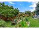 Landscaped backyard featuring raised garden beds, mature trees, and a thriving garden at 21885 Whirlaway Ave, Parker, CO 80138