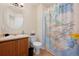 Bathroom features a unique NYC subway-themed shower curtain at 338 Chelsea St, Castle Rock, CO 80104