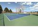 Community tennis courts featuring blue playing surface and green perimeter, enclosed by a black fence at 338 Chelsea St, Castle Rock, CO 80104