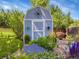 Garden shed with custom details, surrounded by mature landscaping adds charm and functionality to the outdoor space at 6810 S Marion W Cir, Centennial, CO 80122