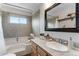 Well-lit bathroom featuring a vanity, soaking tub, and tiled walls creating a relaxing atmosphere at 402 Roosevelt St, Palmer Lake, CO 80133