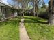 Front yard featuring lush green grass, mature trees, and a walkway leading to the house at 1950 Glen Shiel Dr, Lakewood, CO 80215