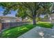 Spacious backyard featuring a large tree, grassy lawn, wood fence, and concrete patio at 8160 W 81St Pl, Arvada, CO 80005