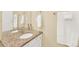 Bathroom with granite countertop, sink, and tile flooring at 1297 Black Haw St, Elizabeth, CO 80107