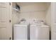 Convenient laundry room with modern washer and dryer and shelving for storage at 389 Smith Cir, Erie, CO 80516