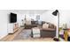 Basement living room with modern decor, a large sofa, and hardwood floors at 4571 Beach Ct, Denver, CO 80211