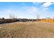 Expansive backyard with mature trees and a designated play area enclosed by wood fencing at 2321 Ance St, Strasburg, CO 80136
