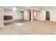 Spacious basement featuring carpeting, vinyl flooring, and a cozy stone fireplace at 7695 S Harlan St, Littleton, CO 80128