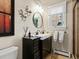 Bathroom featuring modern vanity with double sinks, decorative sconces, and a framed window for natural lighting at 1024 S Columbine St, Denver, CO 80209