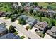 An aerial view of a neighborhood displaying the home's location with tree-lined streets and well-maintained lawns at 7329 Arco Iris Ln, Castle Pines, CO 80108