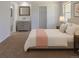 Bright bedroom featuring a full bathroom, slider closet, and natural light from the window for a cozy space at 8780 E Yale Ave, Denver, CO 80231