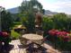 Outdoor balcony with mountain view. It features a metal table with four chairs, potted flowers, and a wood deck at 16223 River Haven Way, Morrison, CO 80465