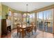 Inviting dining room with a chandelier, large windows with scenic views, and direct access to an outdoor patio or deck at 16223 River Haven Way, Morrison, CO 80465