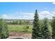 Expansive backyard with a view of the neighborhood and open space, featuring mature trees and a fire pit area at 5665 Vistancia Ct, Parker, CO 80134