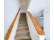 Carpeted stairway with wood handrails leads to the upper level of this home at 2269 Coronado Pkwy # C, Denver, CO 80229