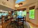 Well-lit dining room with a decorative chandelier and large windows overlooking the yard at 9466 Morning Glory Ln, Highlands Ranch, CO 80130