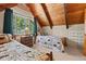 Bedroom featuring twin beds, wood ceilings, and view of trees at 563 Brook Dr, Idaho Springs, CO 80452