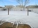 Snowy backyard with string lights and rock landscaping at 18986 E 51St Pl, Denver, CO 80249