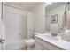 Well-lit bathroom featuring a bathtub with shower, toilet, and a sink with vanity at 14791 E Poundstone Dr, Aurora, CO 80015