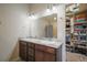 Bathroom features double sinks, dark cabinetry, marble counters, and an open storage closet at 819 Meadow Ln, Palmer Lake, CO 80133